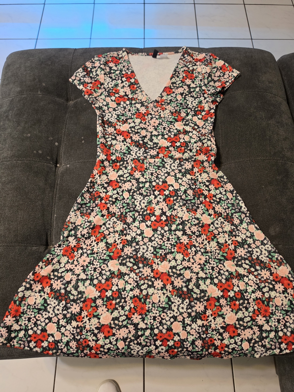 Divided Floral V-Neck Fit & Flare Dress - Red, Green, Black